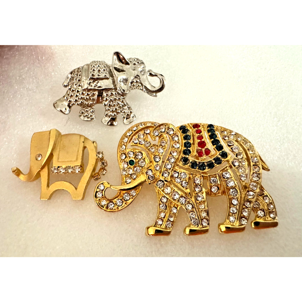Lot Vintage Elephant Circus Rhinestone Statement Brooches Gold Tone Silver